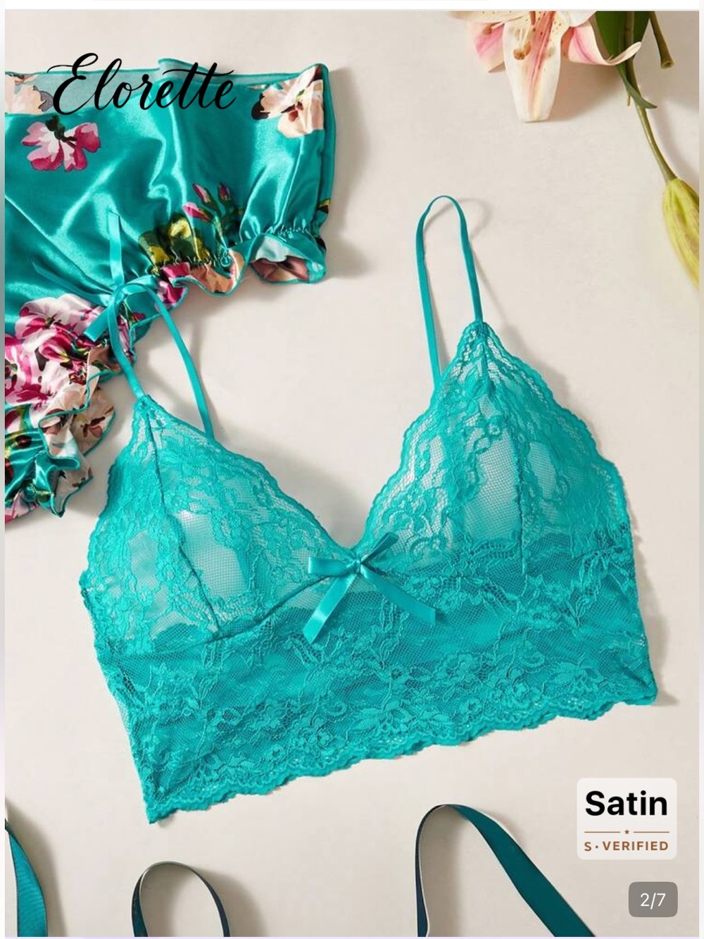 Turquoise Lace Bralette Satin Floral Brief Set elorette 10 XL nwt - Picture 3 of 5